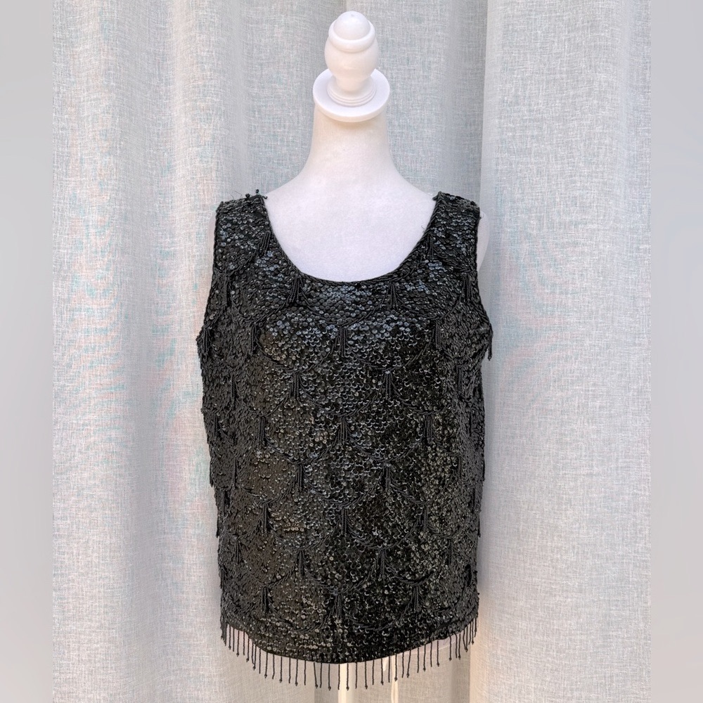 1960 sleeveless sequins and beads black wool party top
